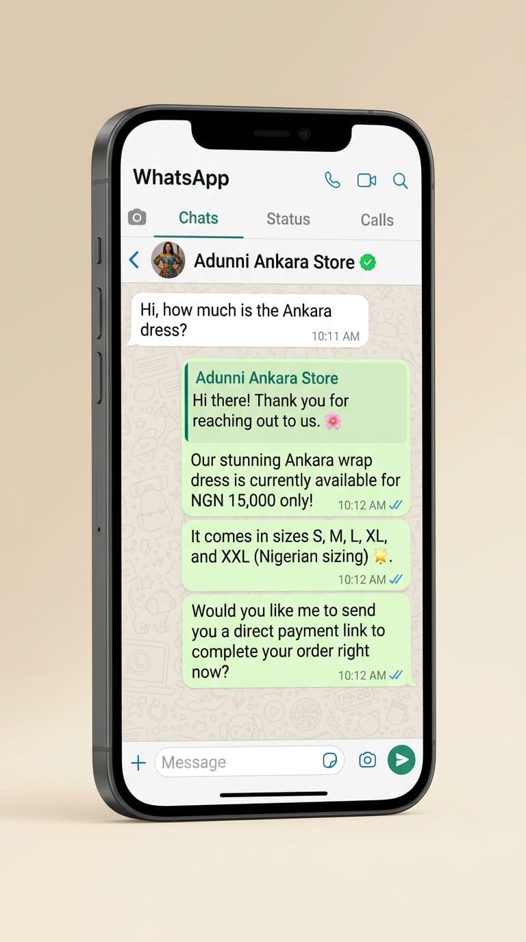 WhatsApp AutoDM in action — instant reply with Naira pricing